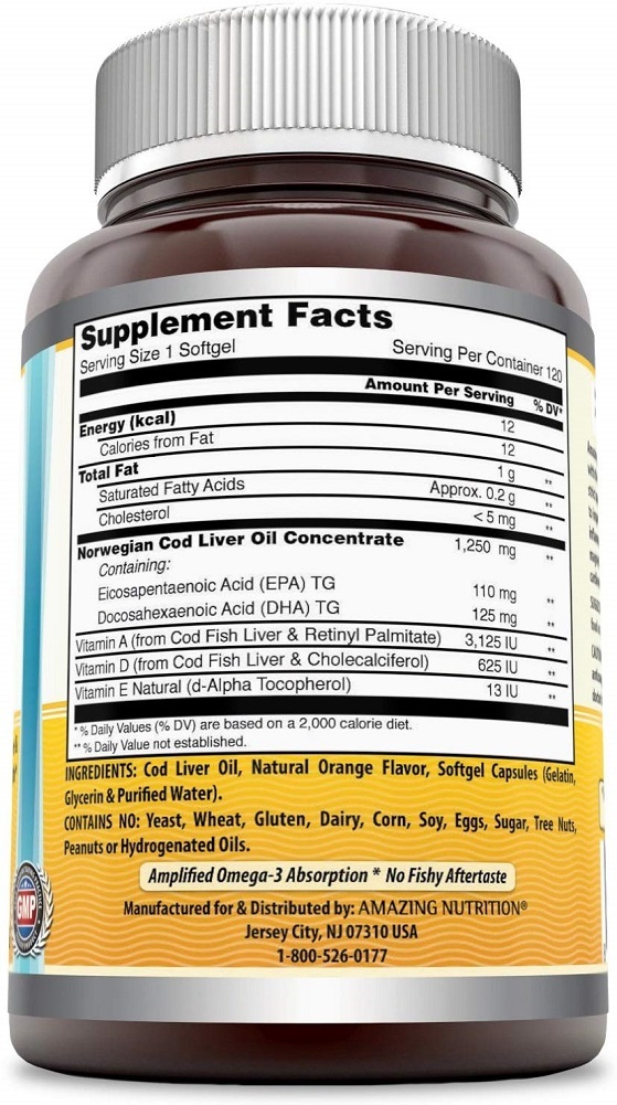 Amazing Omega Norwegian Cod Liver Oil - 1250 mg, 120 Softgels - Purest & Best