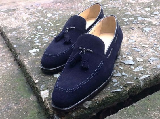 Apron Toe Tassel Loafer Slip Ons Handmade Men Navy Blue Suede Leather Shoes