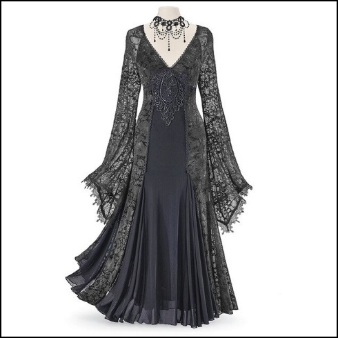 Renassiance Black Sheer Layered Lace Brocade Long Sleeve Giornea Overdress Gown