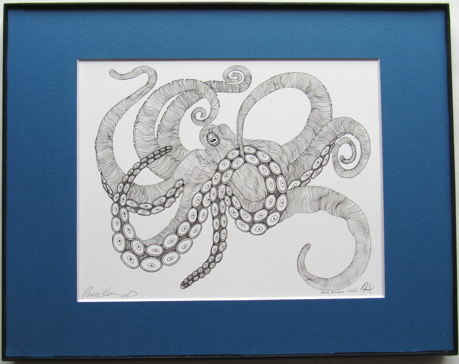Octopus Pen and Ink Framed Matted Sea Life Art Print Art Art Prints