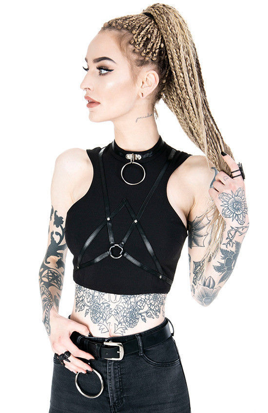 Women's Punk Harness Top - Adjustable Cupless Bra, Hollow Out Gothic Crop Top For Rave, Festival, Club Wear (Plus Size Friendly)