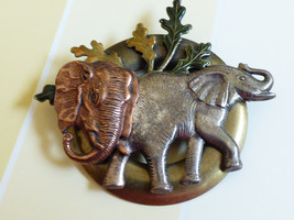 Tri Color Metal Elephant & Oak Leaf Pin Brooch - $17.82