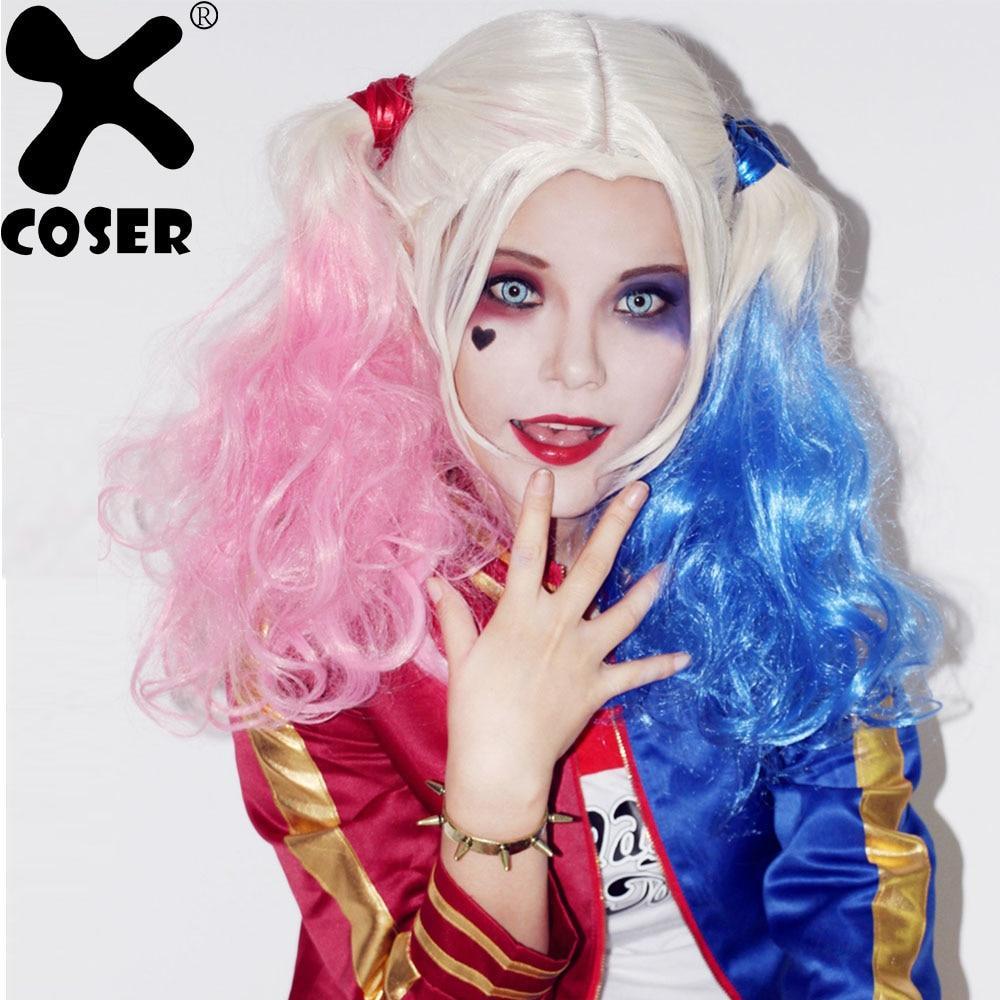 XCOSER Suicide Squad Harley Quinn hair Pink Blue Gradient Ponytail Long
