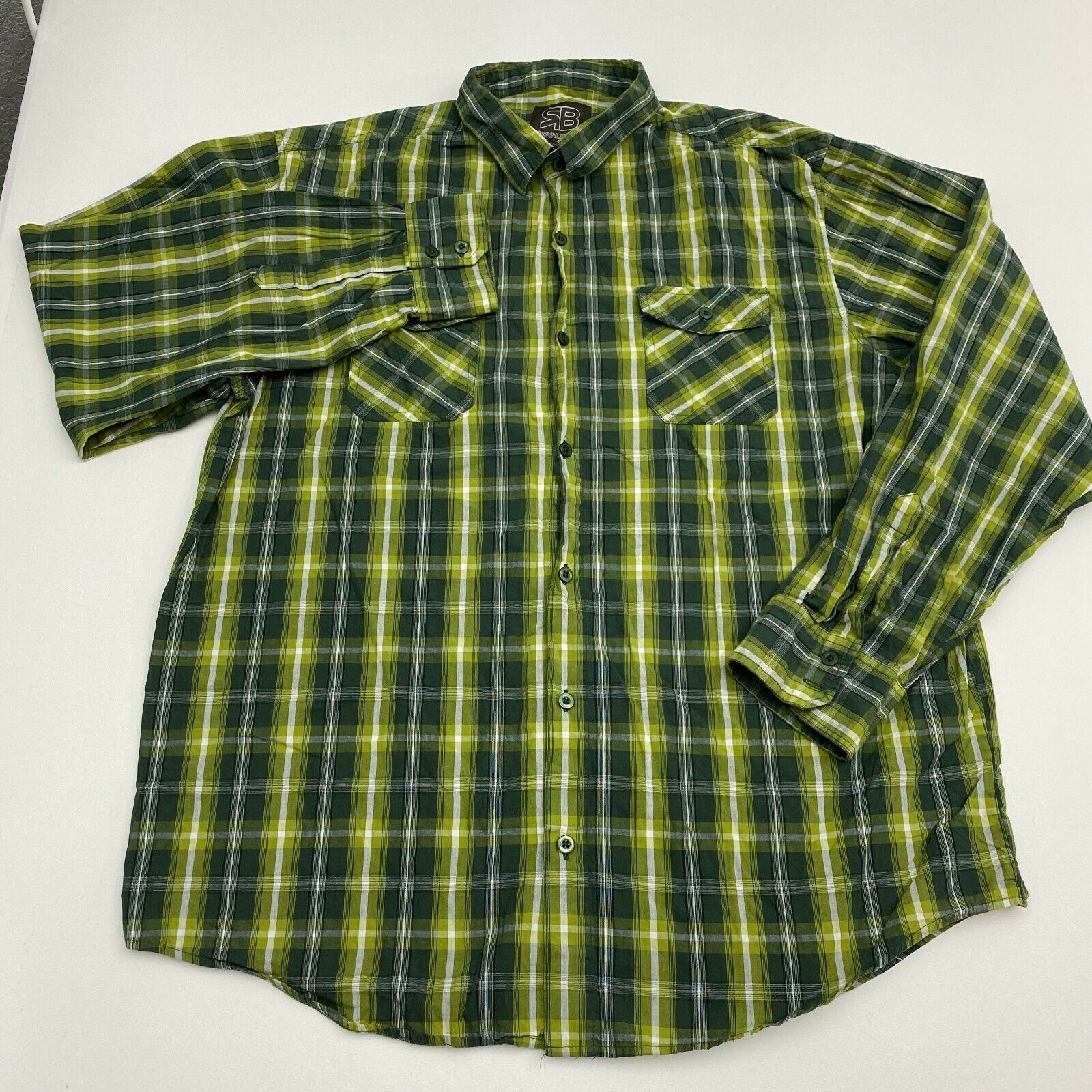 Royal Blue Button Up Shirt Mens XXXL Green Plaid Long Sleeve Casual ...