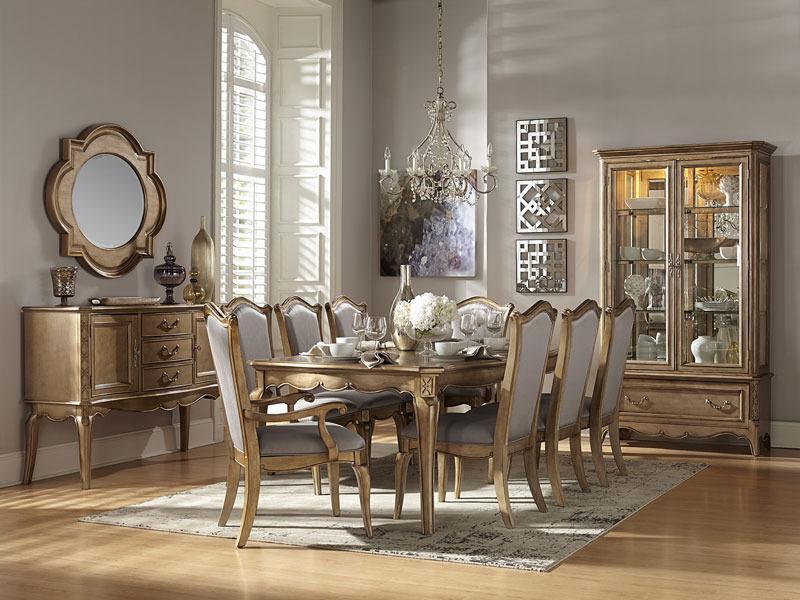 CAPRICE-9pcs Traditional Gold Rectangular Dining Room Table Chairs Set