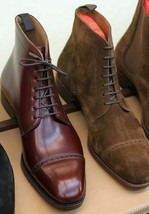 NEW-MEN HANDMADE BOOTS MEN BURGUNDY COWHIDE &amp; BROWN SUEDE HIGH ANKLE BOOTS - $138.59+
