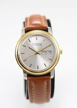 Caravelle Bulova Men Watch Stainless Gold Silver Leather Brown Day Date Quartz - $38.35