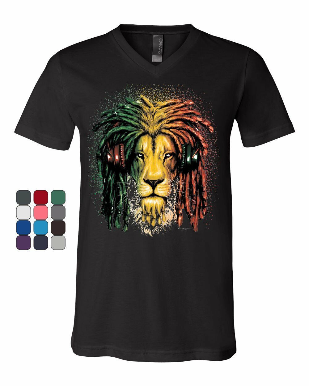 Rasta Lion with Headphones V-Neck T-Shirt  Reggae Smoking Jamaica 420