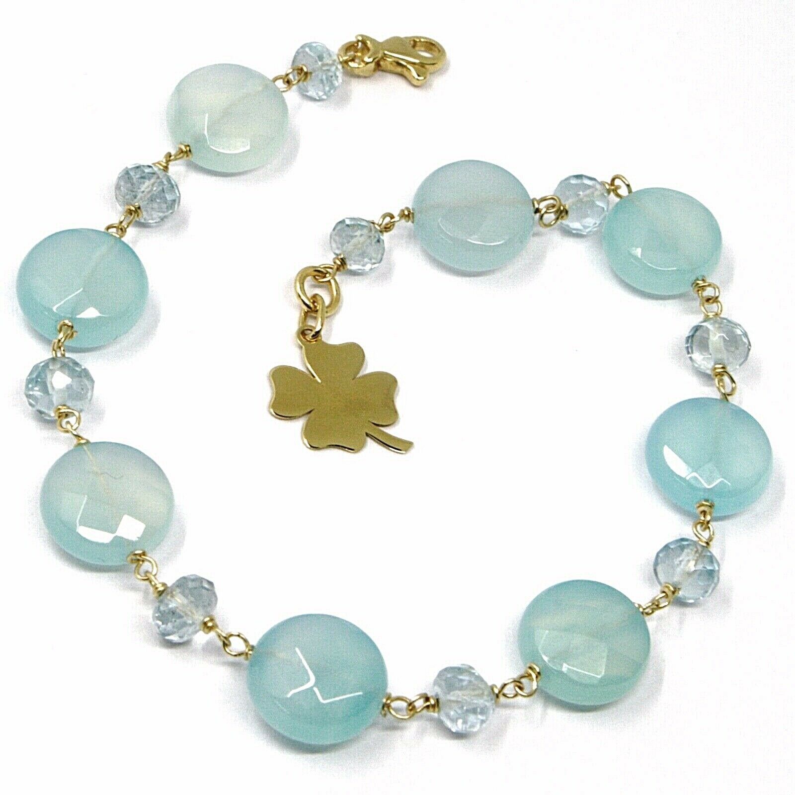Primary image for 18K YELLOW GOLD BRACELET OVAL FACETED AQUAMARINE AGATE, FOUR LEAF CLOVER PENDANT