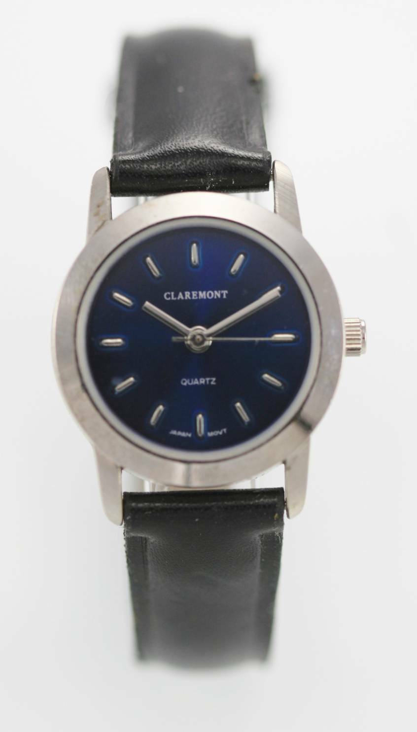 Claremont Blue Women's Stainless Silver Black Leather Quartz Battery