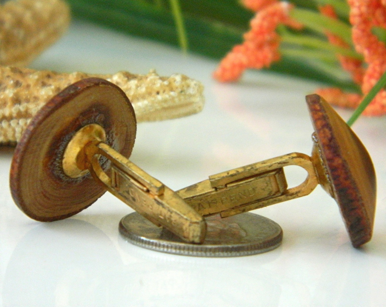Vintage Mens Cufflinks Wood Wooden Round Rustic Handmade Natural