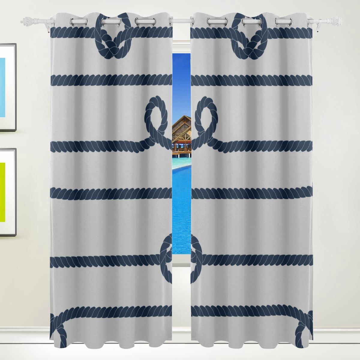 Multi Window Curtains Marine Rope Knot Navy Ocean Print Curtain Sets