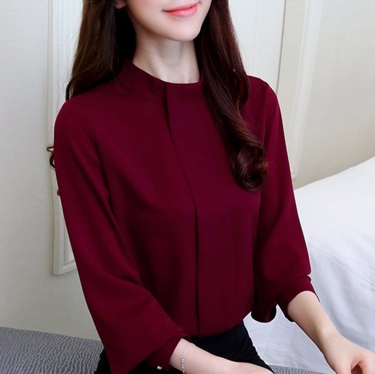 New burgundy long buttoned sleeves women chiffon blouse top shirt casual autumn