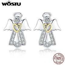 WOSTU Authentic 100% 925 Silver Guardian Angel Stud Earrings For Women B... - $21.86