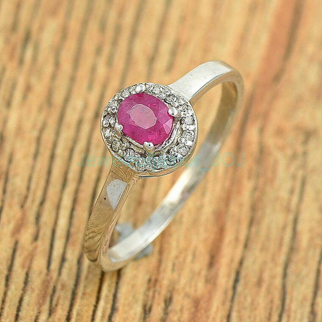 Natural Oval Cut Ruby Diamond Halo Ring 925 Sterling Silver Jewelry Size US 4-8