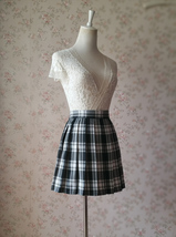 Black and White Plaid Skirt Mini Pleated Plaid Skirt Outfit A-line High Waisted image 3