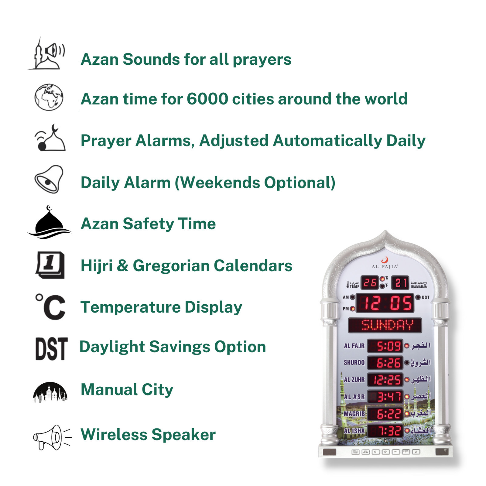 Al Fajia Digital Azan Athan Prayer Led Wall Clock For Usa Home Office