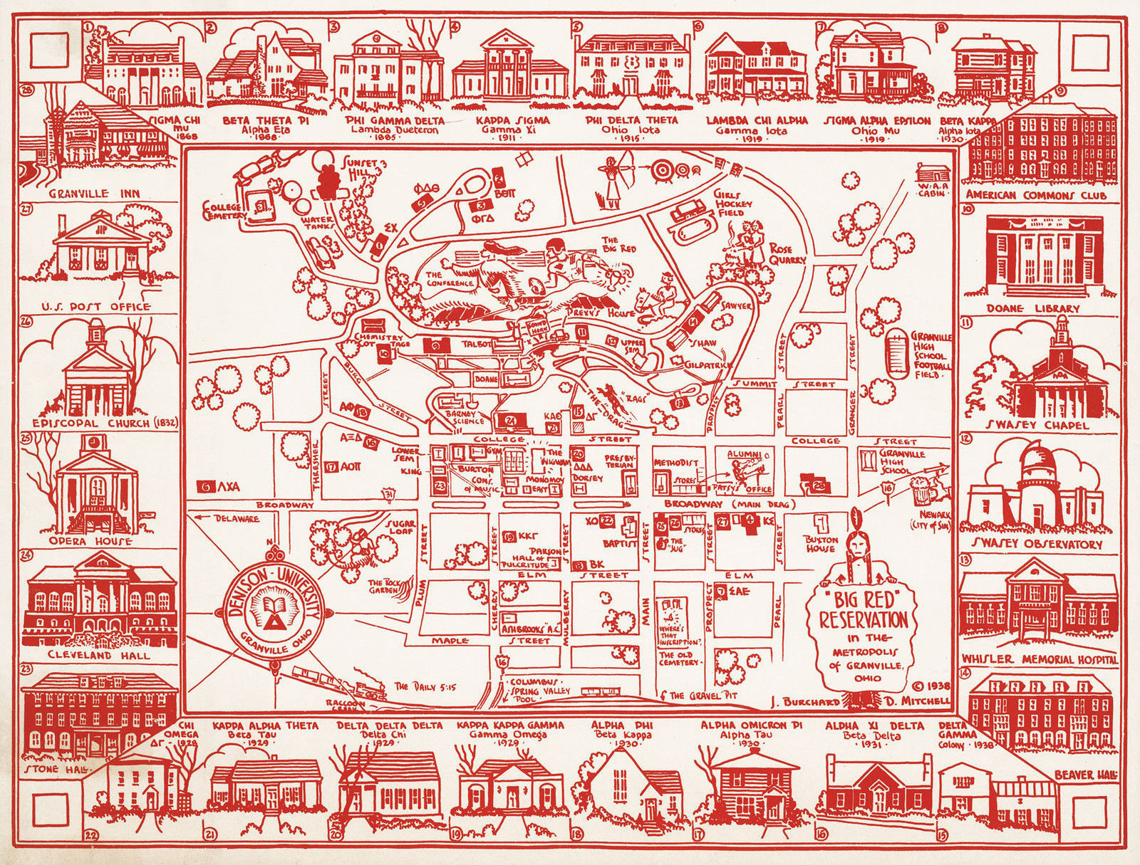 1932 Pictorial Map Princeton University Campus Buildings Streets Poster Print