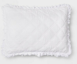 ONE Standard Threshold White Vintage Washed Ruffle Pillow Sham Nwop - $17.09
