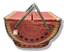 Vintage Watermelon Wicker Picnic Basket w/ Hinged Lid & Base 14"X20"x12" H image 1