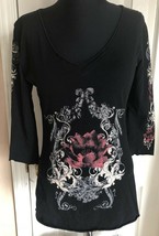 Jake’s Dry Goods Black 3/4 Sleeve V Neck Shirt Blouse W/ Lotus Print Wom... - $8.90