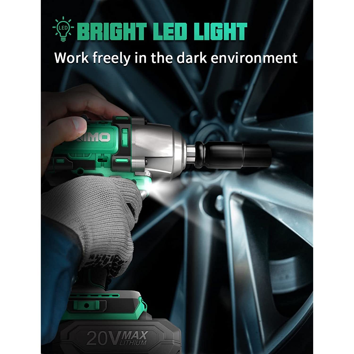 Kimo Cordless Impact Wrench, 20V 1/2 Brushless Impact Wrench Set 300 Ft