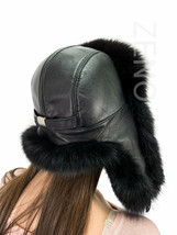 Finn Fox Fur Hat With Leather Trapper Hat Saga Furs Jet Black Ushanka Hat image 2