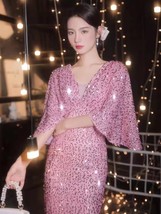 PINK Sequin Midi Dress Party GOWNS Bat Sleeved Vintage Inspired Sequin Dresses image 5