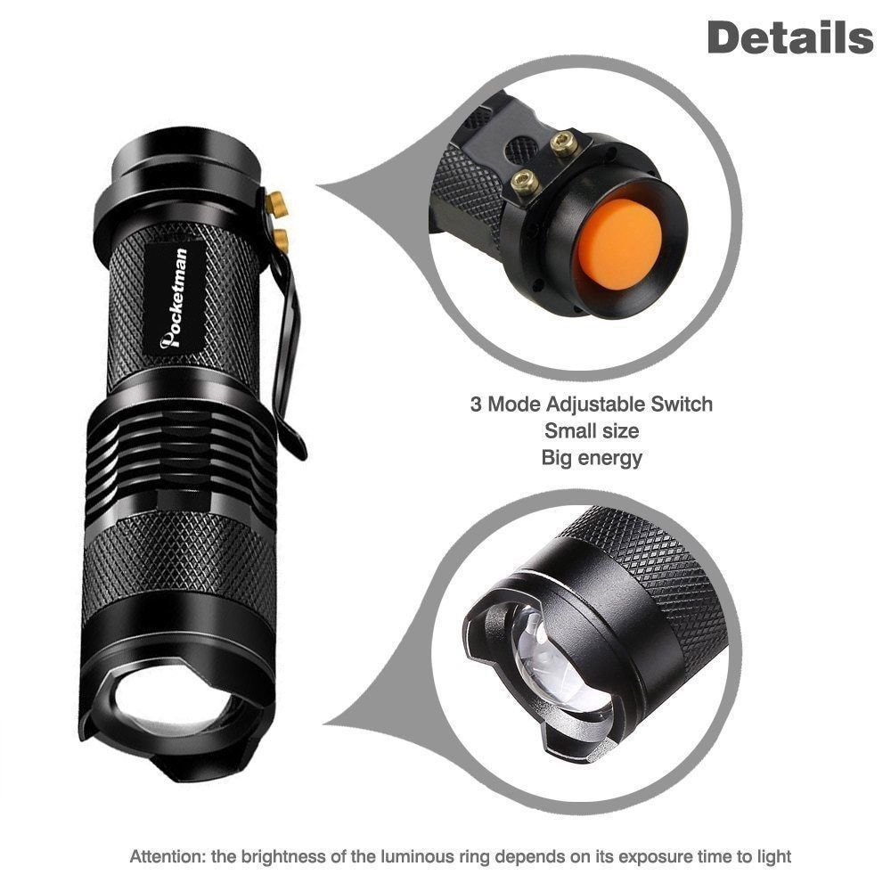 Pocketman® Mini LED Flashlight Torch 2000ml AA/14500 3 Modes Zoomable