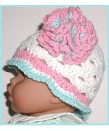 White Baby Hat With Pink And Aqua Blue Trim Ruffled Full Mum Flower 3-9 ... - $12.00