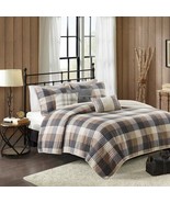 6pc Neutral Brown &amp; Ivory Buffalo Plaid Coverlet Quilt Set AND Decorativ... - £110.18 GBP