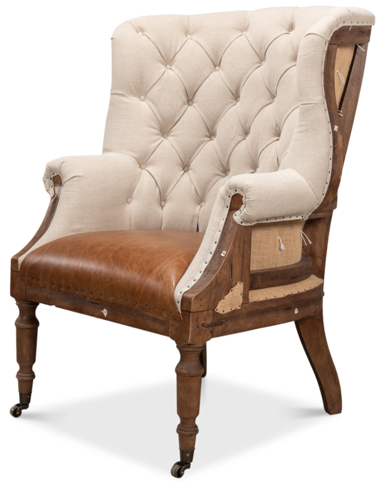 Primary image for Restoration Hardware Style 19t Century Wingback Library Chair Leather Linen