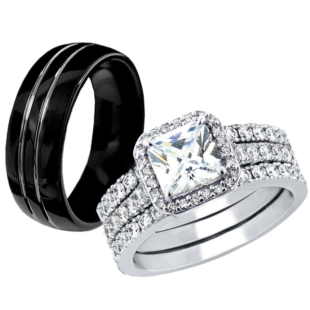Hers 925 Sterling Silver CZ His Black Tungsten Engagement Wedding Ring Band Sets
