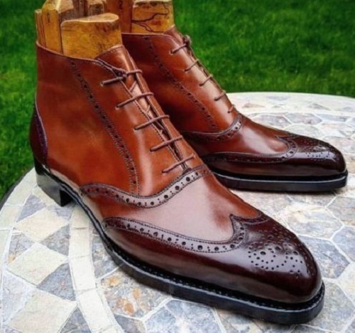MENS HANDMADE TWO TONE CAP TOE BOOTS MENS BROWN ANKLE LACE UP BOOTS ...
