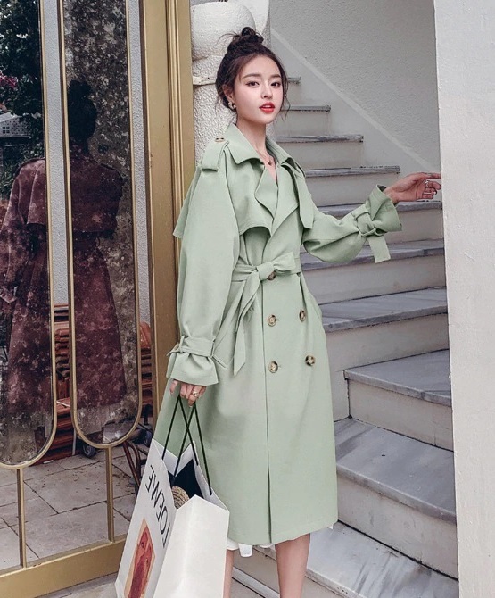 New sage green double breasted oversized long women trench coat with belt