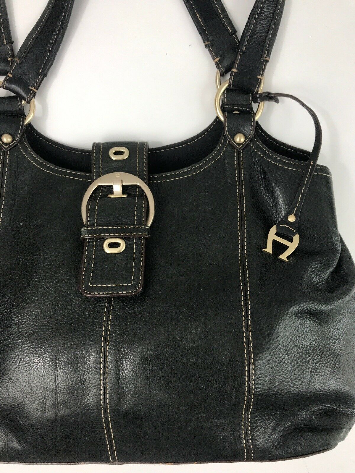 Etienne Aigner Black Leather Satchel Bag Shoulder Purse Buckle Gold ...