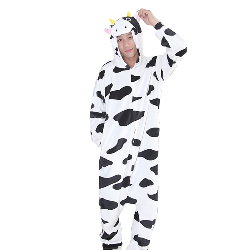 Adults' Kigurumi Pajamas Milk Cow Onesie Pajamas Flannel Fabric Black / White Co