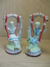 Ceramic Figurine Pair Boy Sailor Shirt Kicker Pants &amp; Girl On Swing Hand... - $24.95