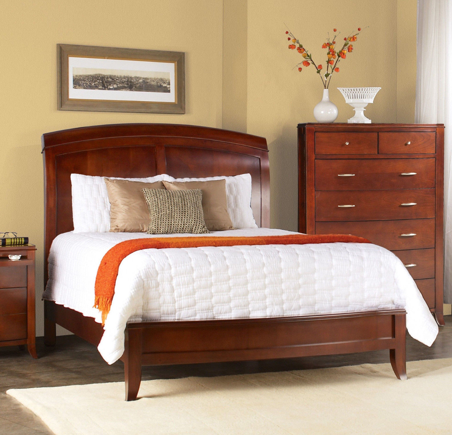 Queen Size Sleigh Bed Frame Wood Mahogany Cherry Veneer Classic Vintage