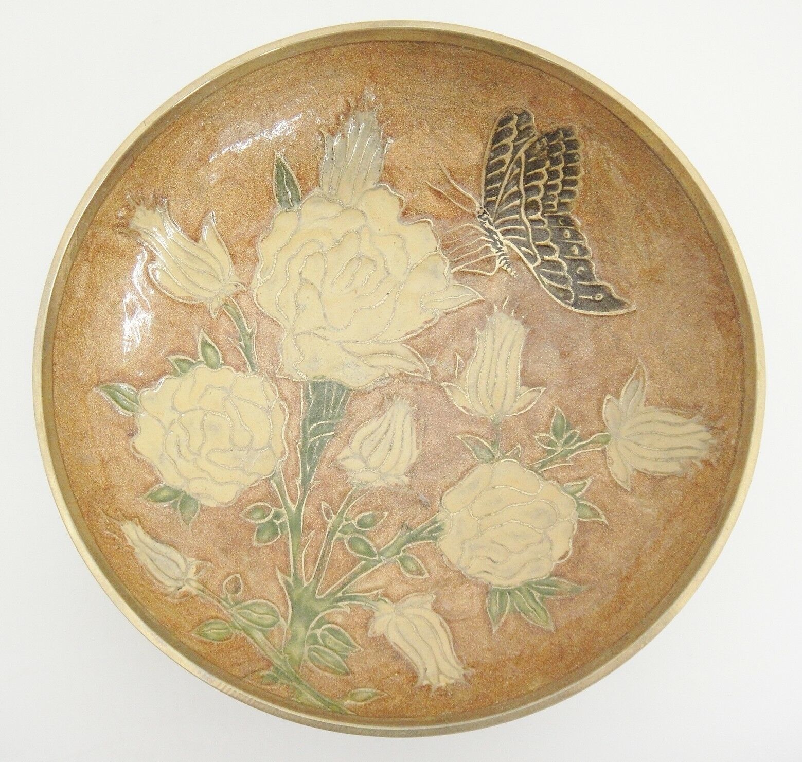 Primary image for Brass Bowl Cloisonne Enamel Design Flowers Butterfly Copper Color Cream 6.75"