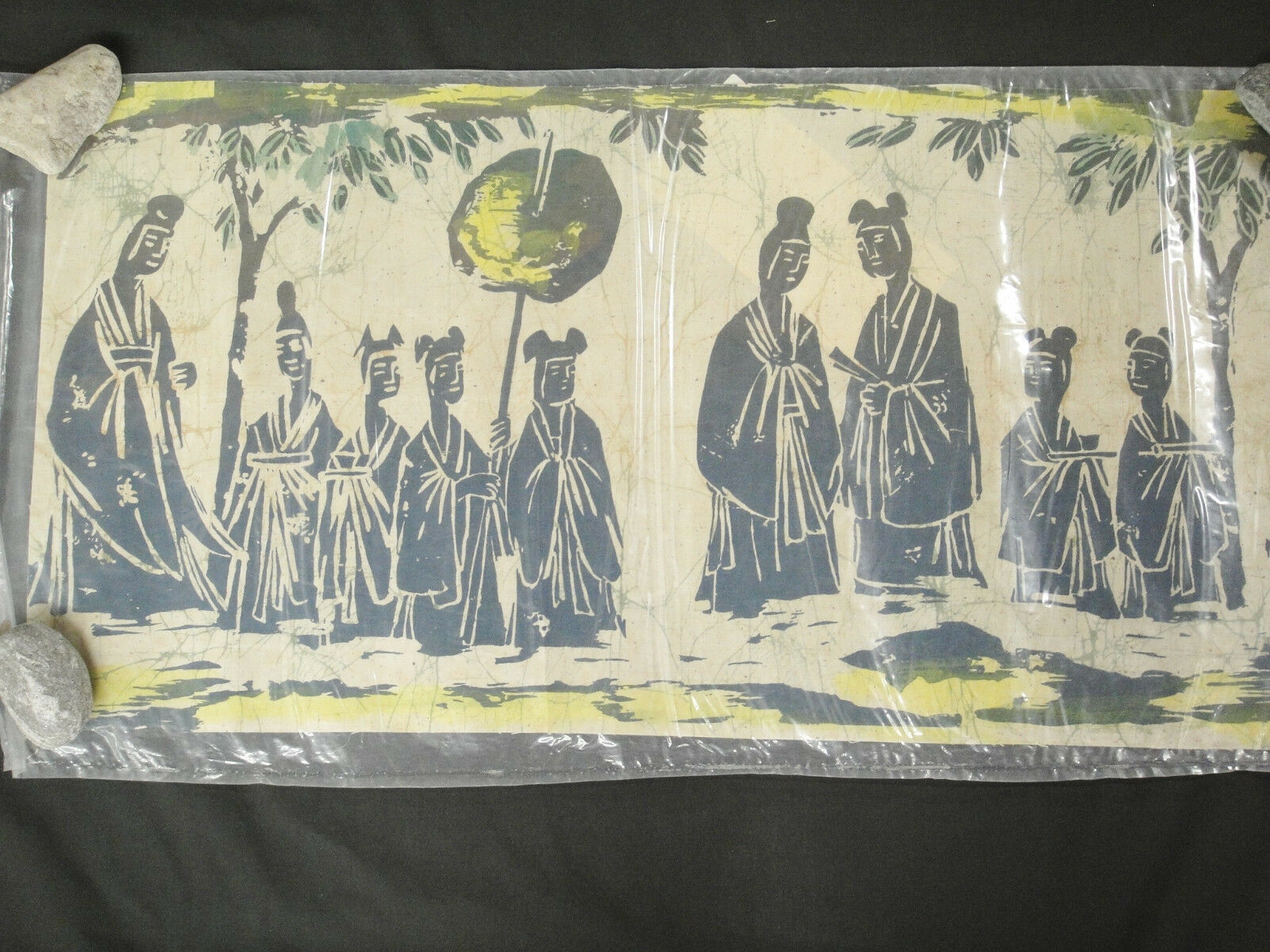 Primary image for Asian Batik Fabric Art 16x32 Ancient Chinese Villagers Standing with Fans