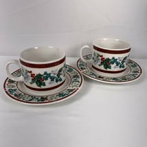 Majesticware Holly Christmas Flat Cups and Saucers 2 Sets Mugs - $17.57