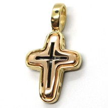 SOLID 18K YELLOW, BLACK & ROSE GOLD CROSS, 0.8", TWO FACES, SMOOTH, ITALY MADE image 1