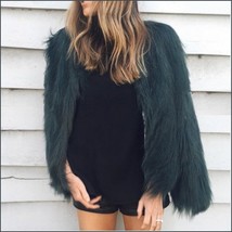 Long Shaggy Hair Dark Green Angora Sheep Faux Fur Medium Length Coat Jacket image 1