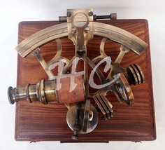 8" Heavy Brass Antique Sextant With Wooden Box Maritime Nautical Ship Astrolabe image 2