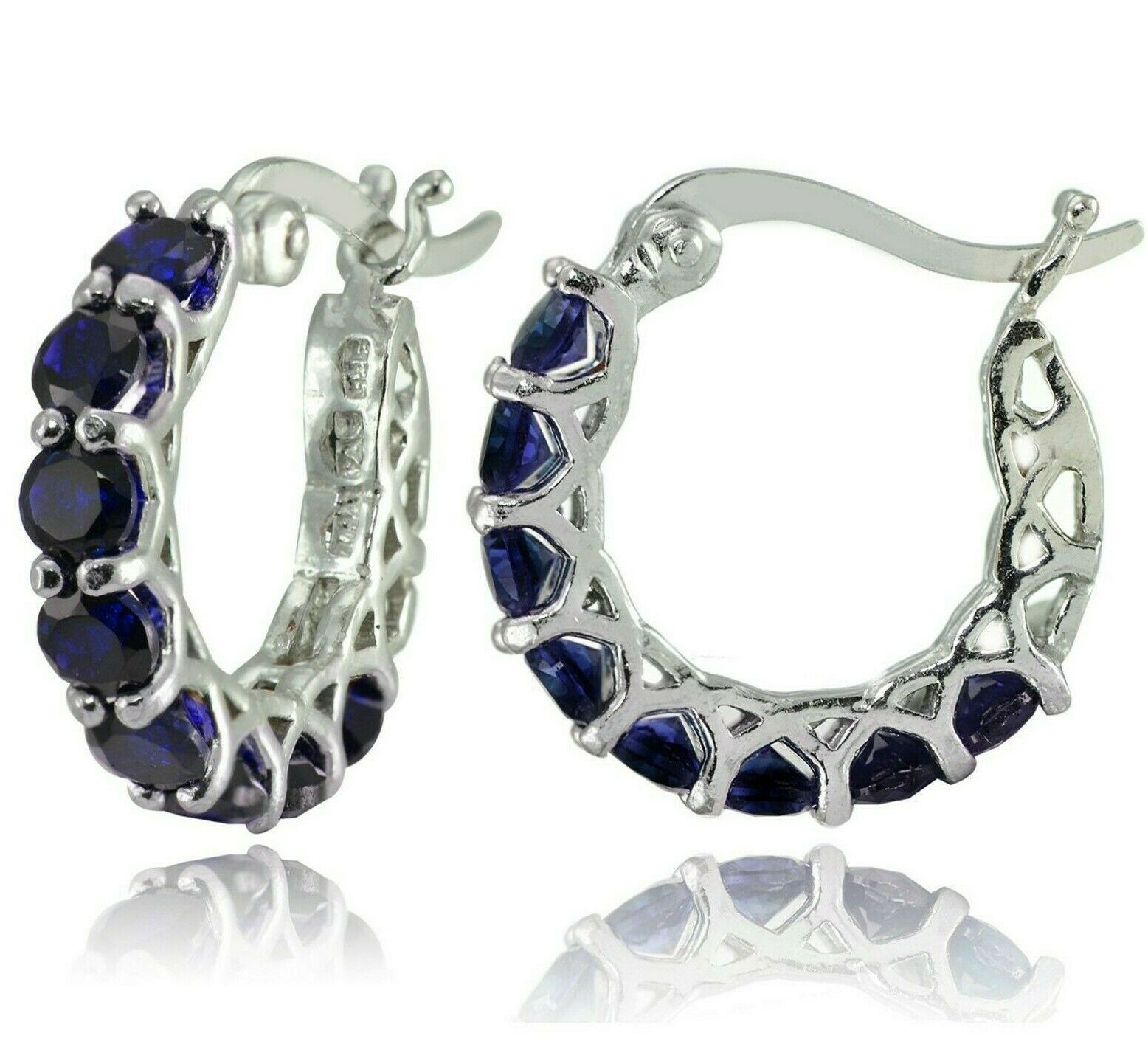 0.85 Pave Blue Sapphire Created Hoop Earrings White Gold Plated ITALIAN Design