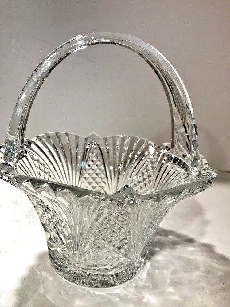 Imperial Clear Glass Basket 24% Lead Crystal Hand Cut Leaf Design Oval ...