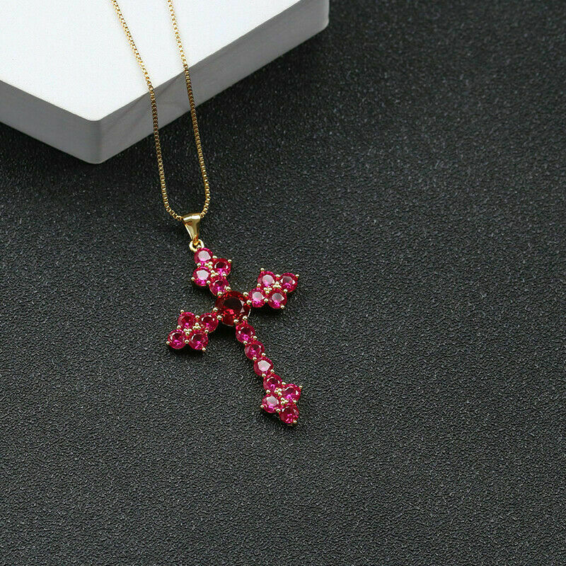 2Ct Round Cut Red Ruby 14K Yellow Gold Finish Cross Pendant WIth Free Chain