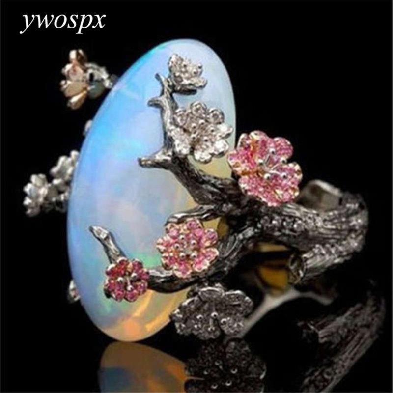 Vintage Silver Color Ring White Fire Opal Flower Rings For Women