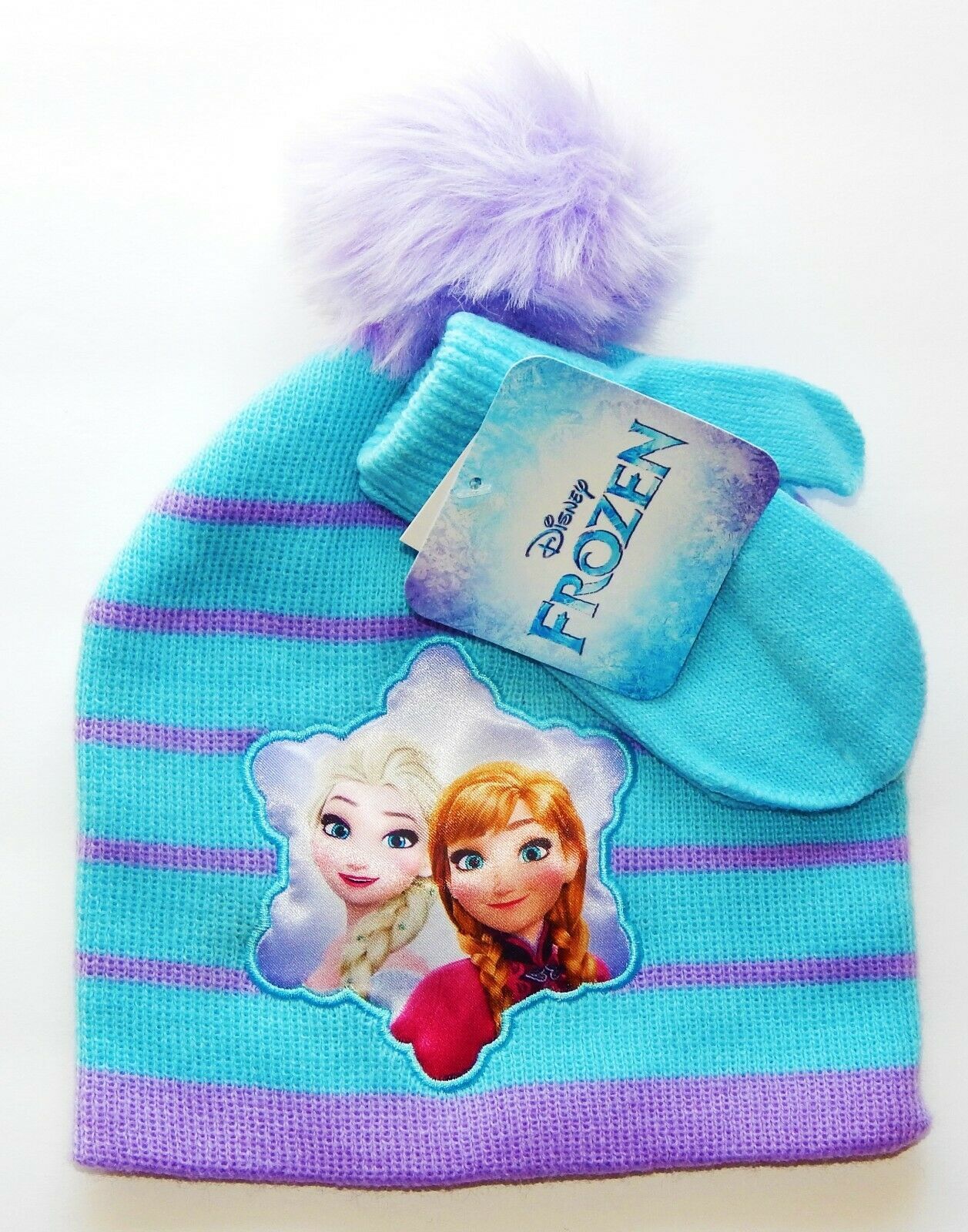Disney Frozen Anna Elsa Tricot Bonnet Hiver & Mitaines Ensemble W/ Pom-Pom Nwt